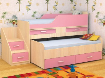 Кровать детская Лесики двухместная 1.8  Дуб молочный/Розовый в Канске - kansk.mebel54.com | фото