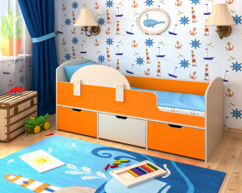 Кровать Малыш-мини с бортиком Дуб молочный/Оранжевый в Канске - kansk.mebel54.com | фото