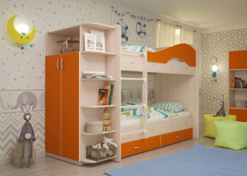 Кровать Мая двухъярусная с ящиками и шкафом Млечный дуб/Оранжевый в Канске - kansk.mebel54.com | фото