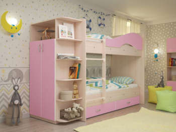 Кровать Мая двухъярусная с ящиками и шкафом Млечный дуб/Розовый в Канске - kansk.mebel54.com | фото