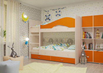 Кровать Мая двухъярусная с ящикамиМлечный дуб/Оранжевый в Канске - kansk.mebel54.com | фото