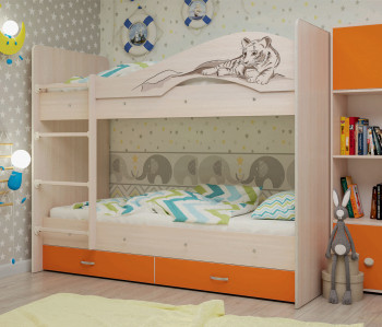 Кровать Мая-Сафари двухъярусная с ящикамиМлечный дуб/Оранжевый в Канске - kansk.mebel54.com | фото