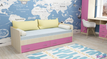 Кровать с выкатными ящиками Дуб Молочный/Розовый в Канске - kansk.mebel54.com | фото