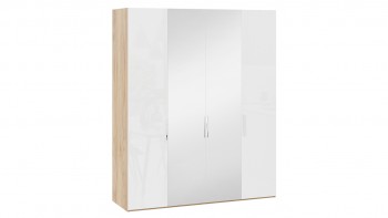 Шкаф комбинированный с 2 глухими и 2 зеркальными дверями «Эмбер» Яблоня Беллуно/Белый глянец в Канске - kansk.mebel54.com | фото